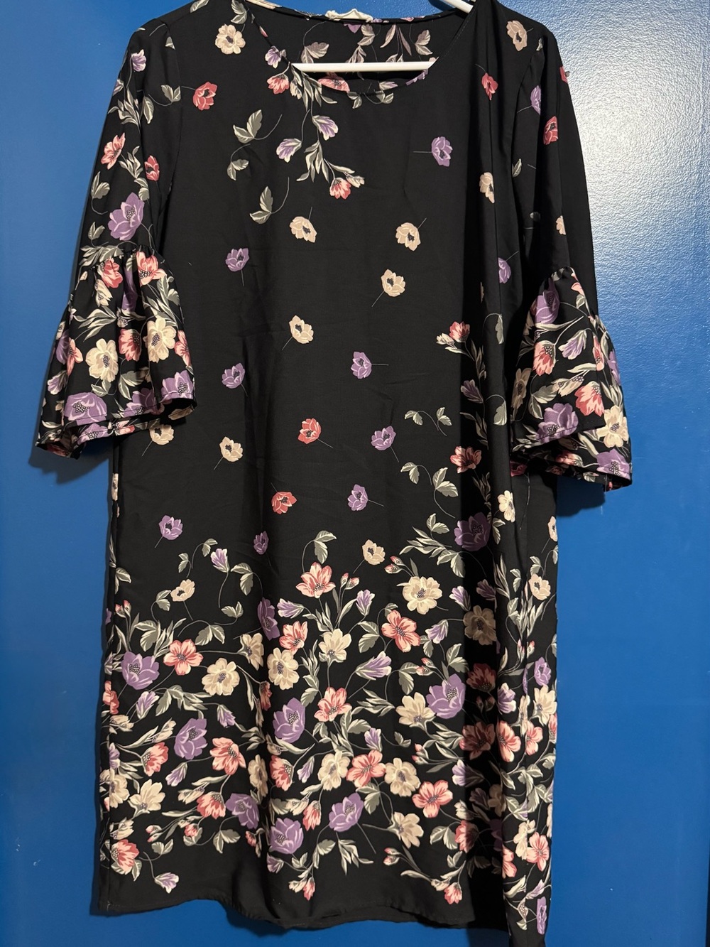 Black Floral Midi Dress with Purple and Pink Blooms